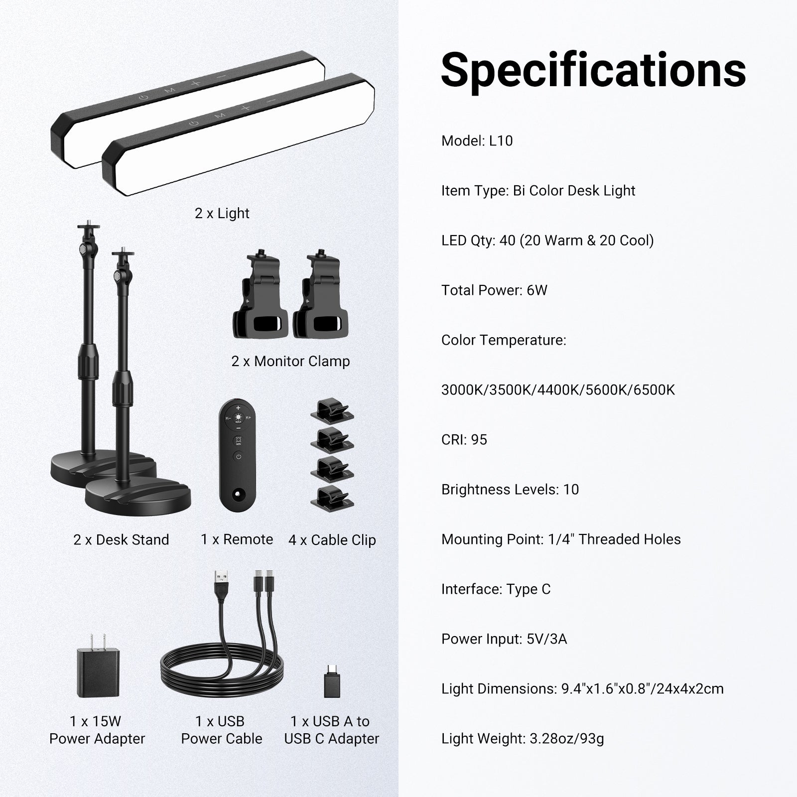 This package includes two lights, two deskstands, a remote, two monitor clamps, and more.