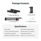 This package includes a base with split legs, a phone holder, an articulating arm, and two L-shaped hex keys.