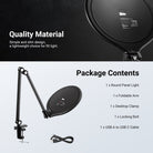 This package includes a round panel light, a foldable arm, a desktop clamp, a locking bolt, and a cable.