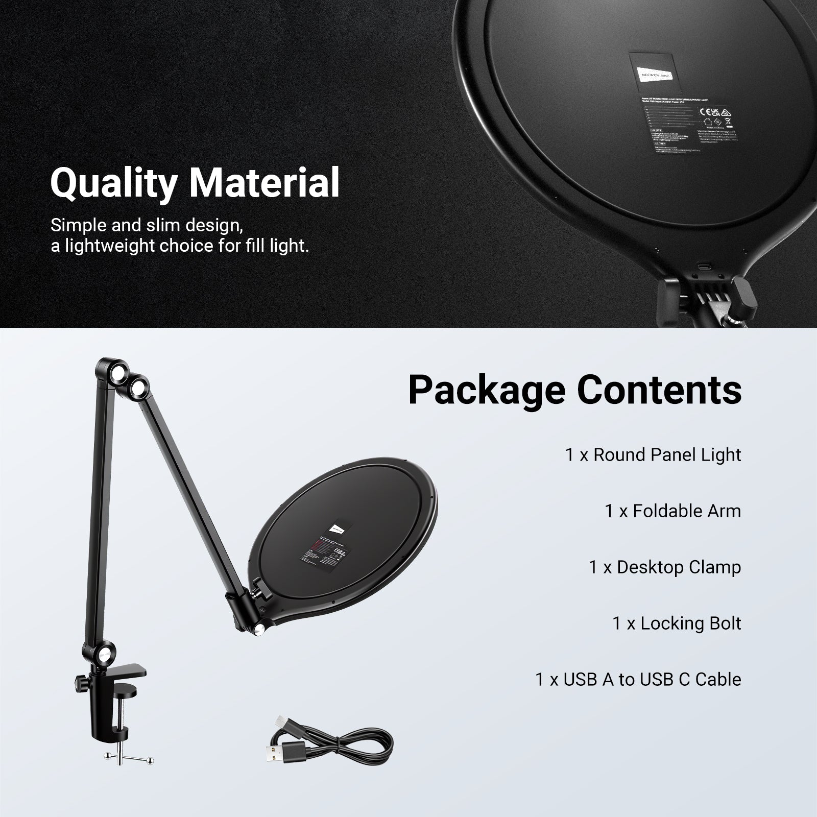 This package includes a round panel light, a foldable arm, a desktop clamp, a locking bolt, and a cable.