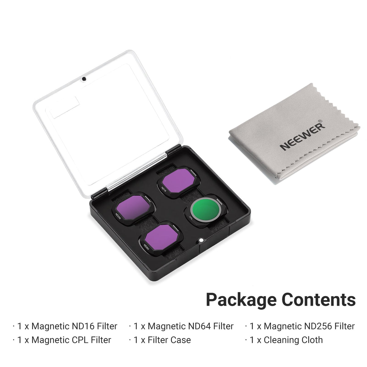 This package includes 3 ND filters, a CPL filter, a case, and a cleaning cloth.