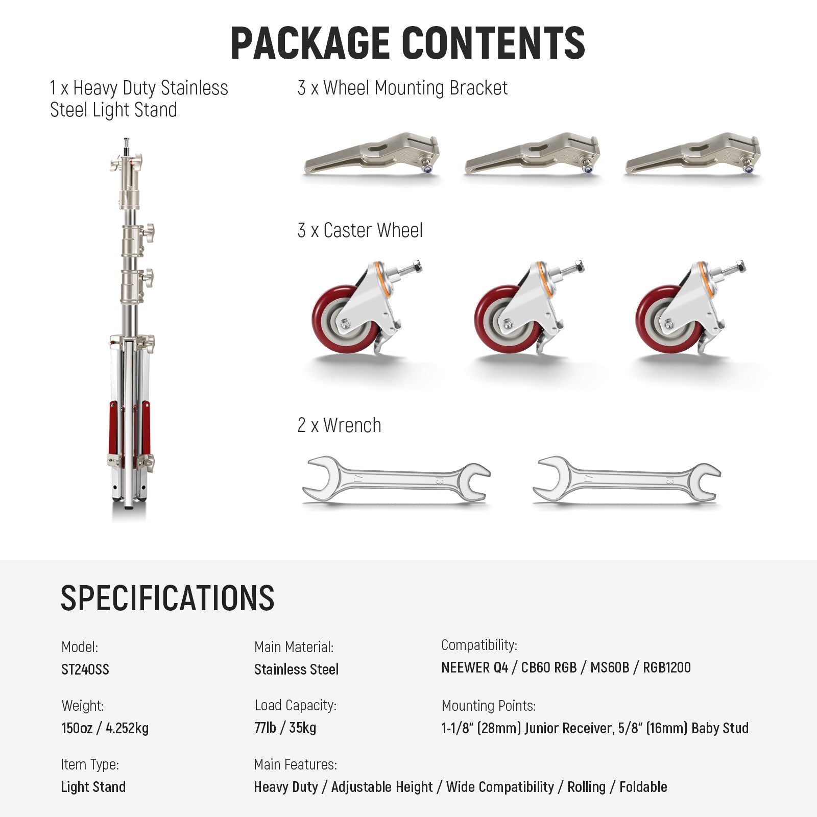 NEEWER ST240SS 240cm Heavy Duty Stainless Steel Wheeled Light