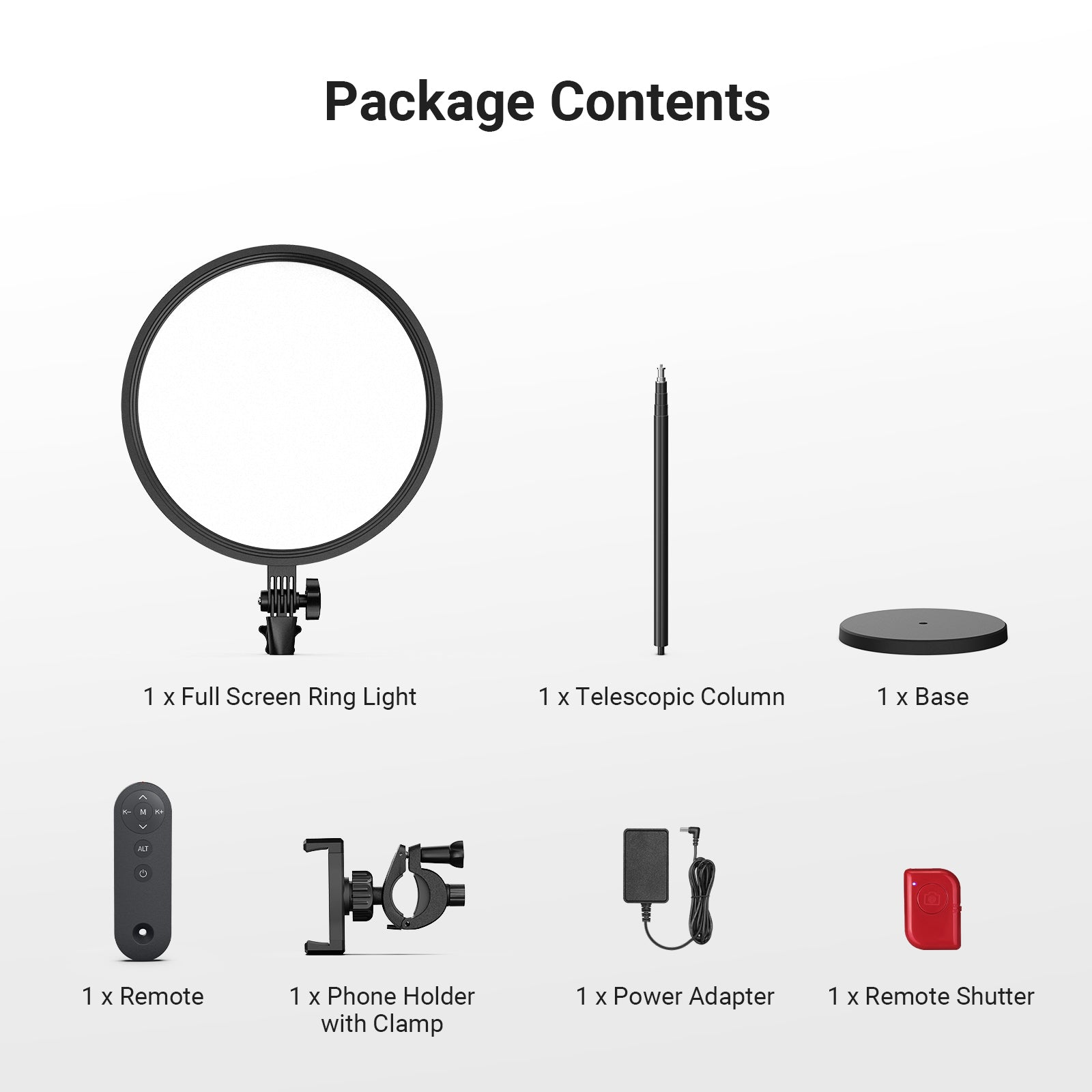 This package includes a full-screen ring light, a telescopic column, a base, a remote, a phone holder with a clamp, a power adapter, and a remote shutter.