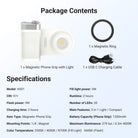 This package includes a magnetic phone grip with light, a magnetic ring, and a USB C charging cable.