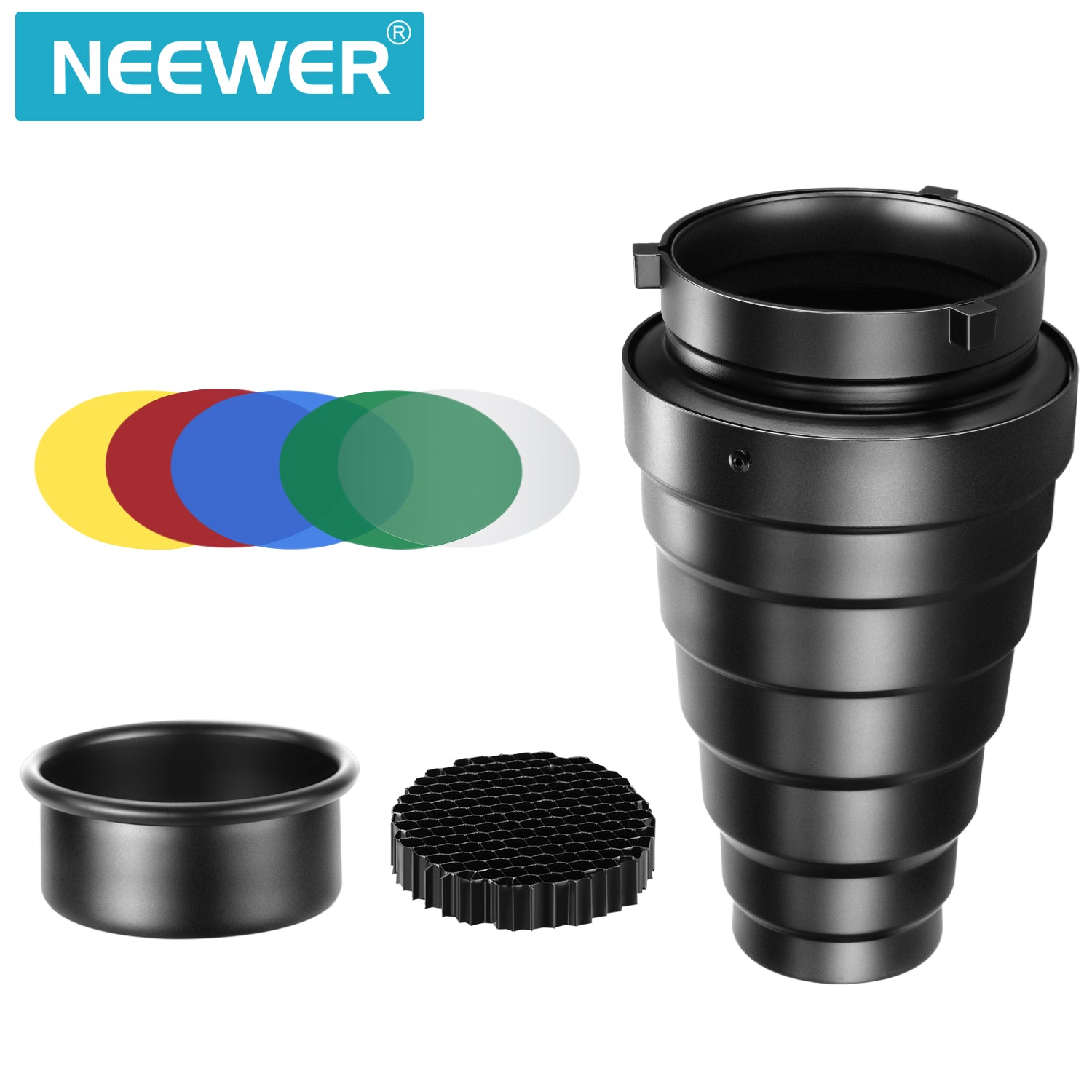 Neewer Medium/Large Aluminium Alloy Conical Snoot Kit with Honeycomb Grid and 5 Pieces Color Gel Filters