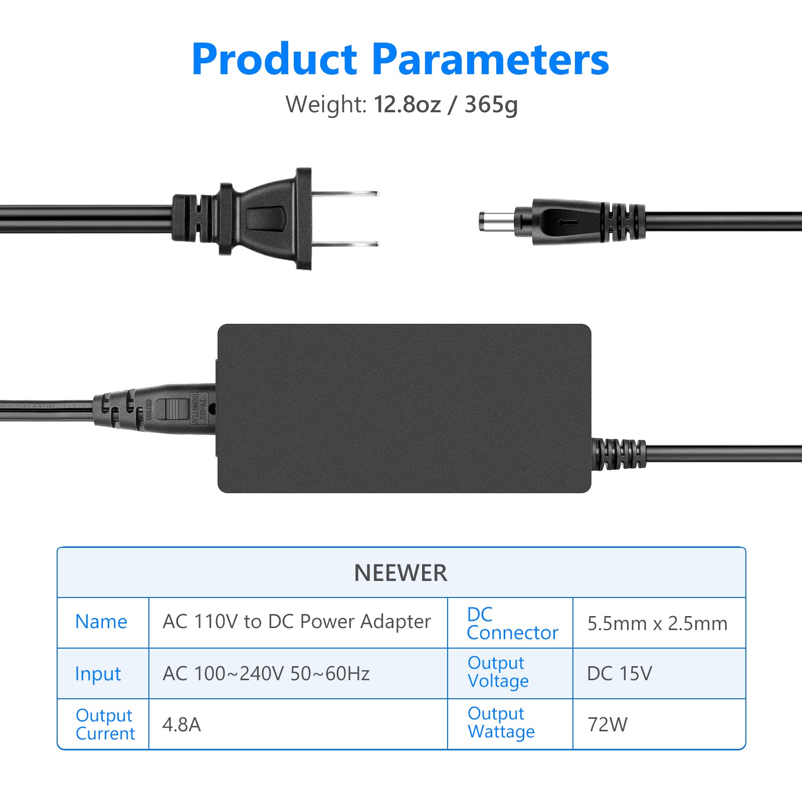 Neewer Photography AC 110V to DC 15V 2.0mm X 5.5mm Power Adapter with Power Cable