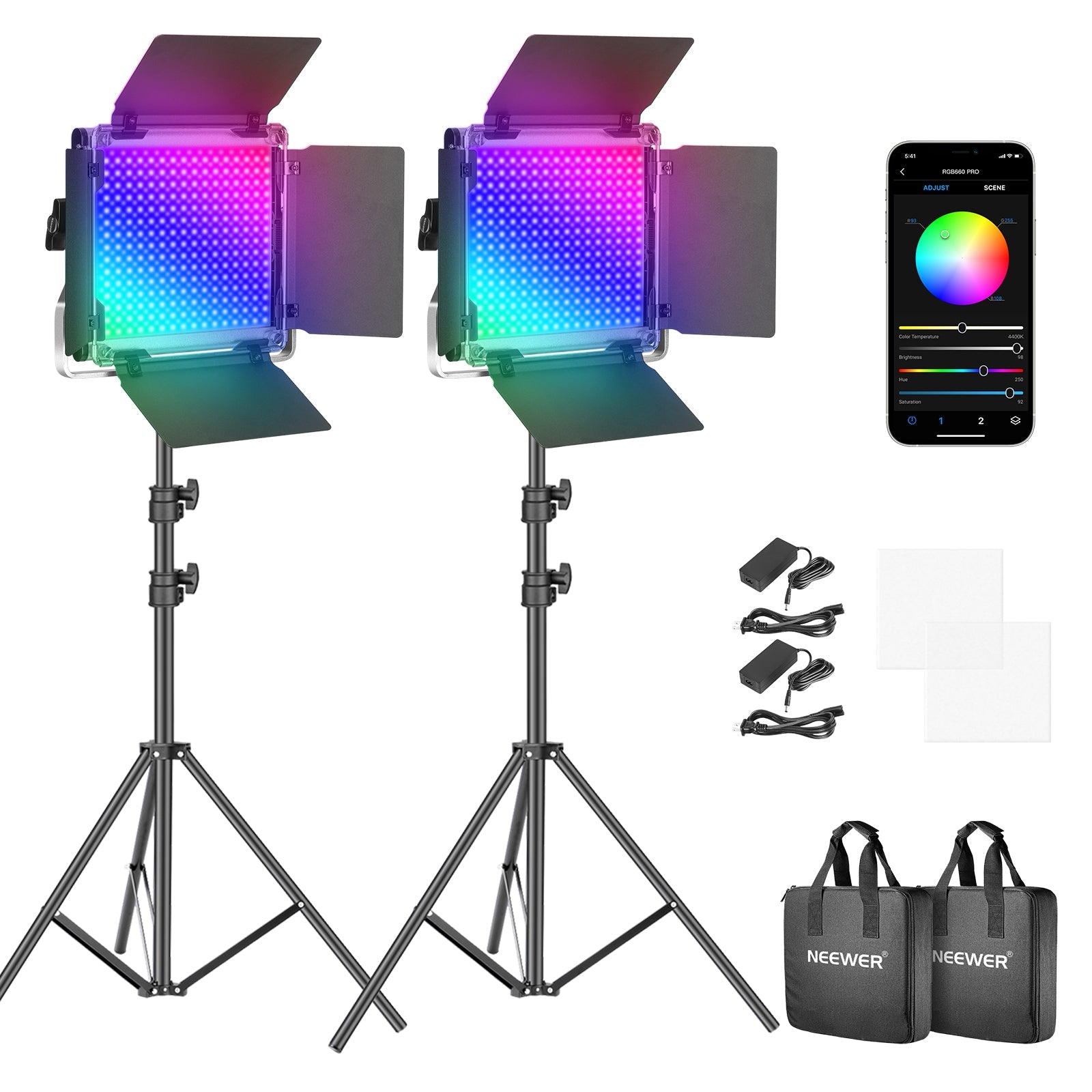 Neewer 2 Packs of 50W RGB 660 PRO Led Video Light Kit with APP Control