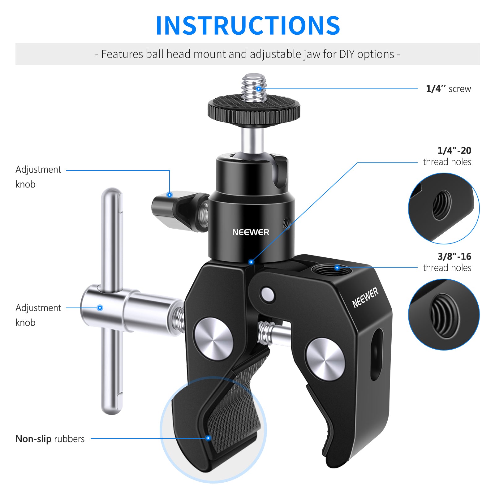 Neewer Upgraded Super Clamp with Mini Ball Head Mount