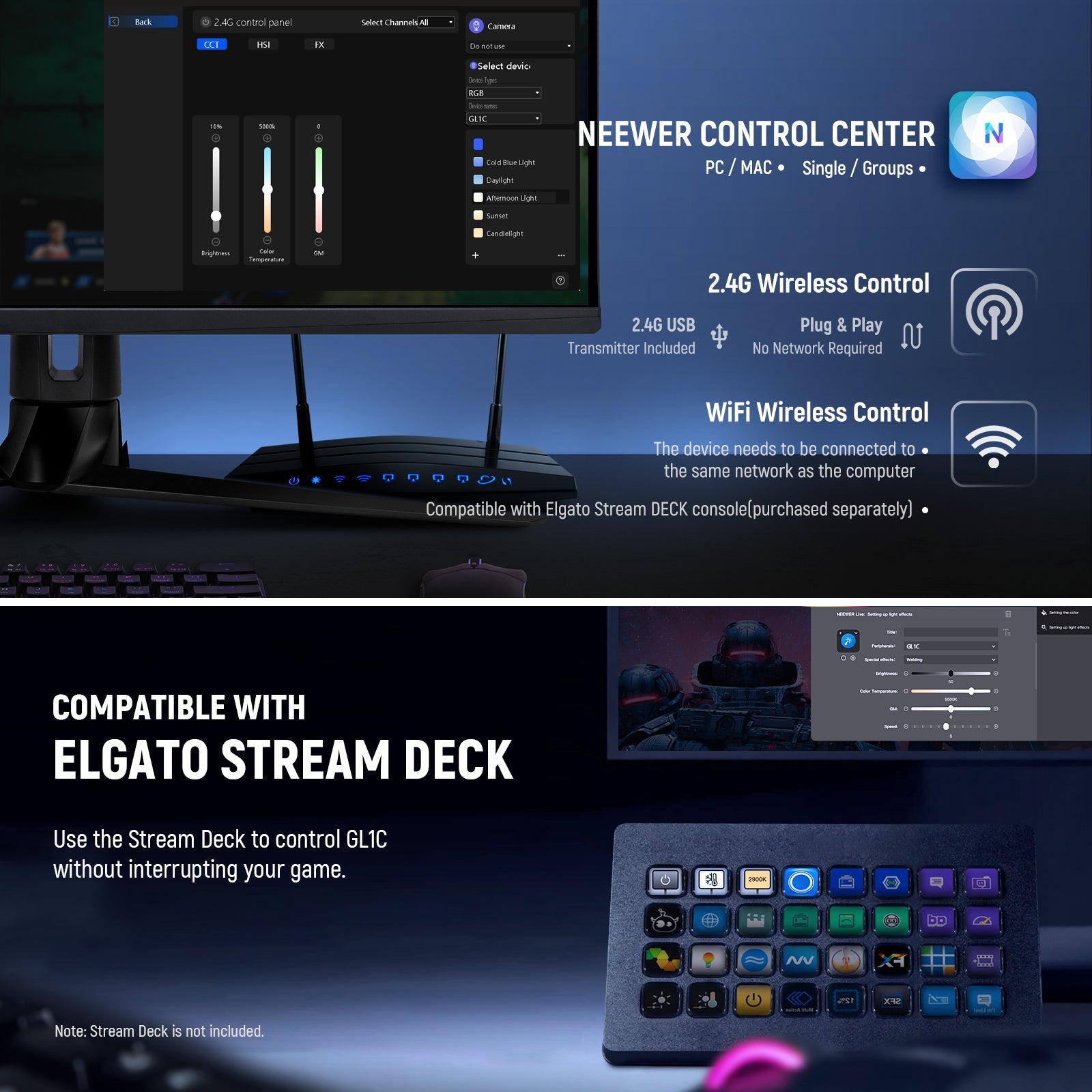 NEEWER GL1 Pro Lumière LED Pour Streaming - CRI97+, Contrôle App/Stream Deck, Support Pince, 2900-7000K, Noir