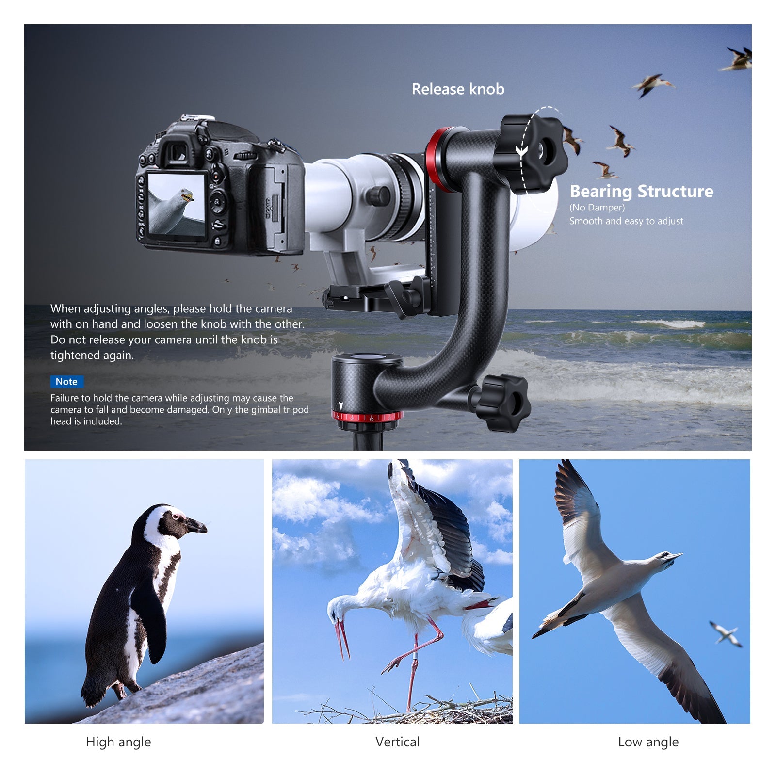 Neewer GM100 Professional Heavy Duty Carbon Fiber Gimbal Tripod Head with 1/4” Quick Release Plate